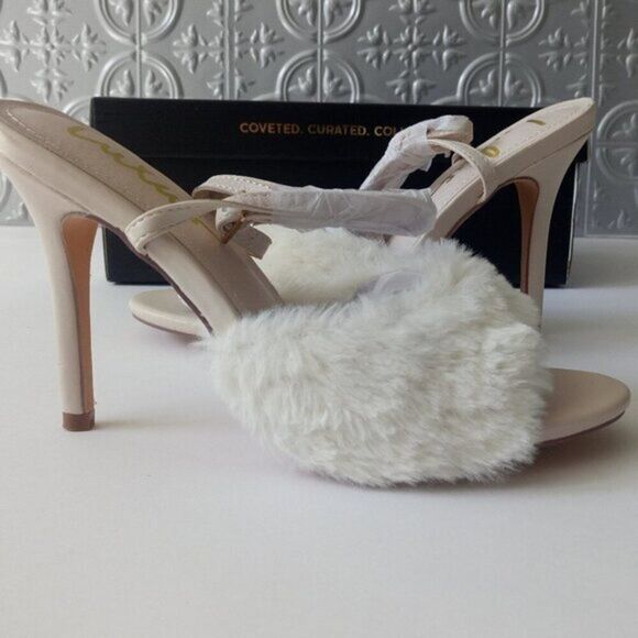 Lulu's Heeled Sandals Stilletto Women's Ivory Soft Faux Fur Ankle Strap Size7 - Picture 2 of 6